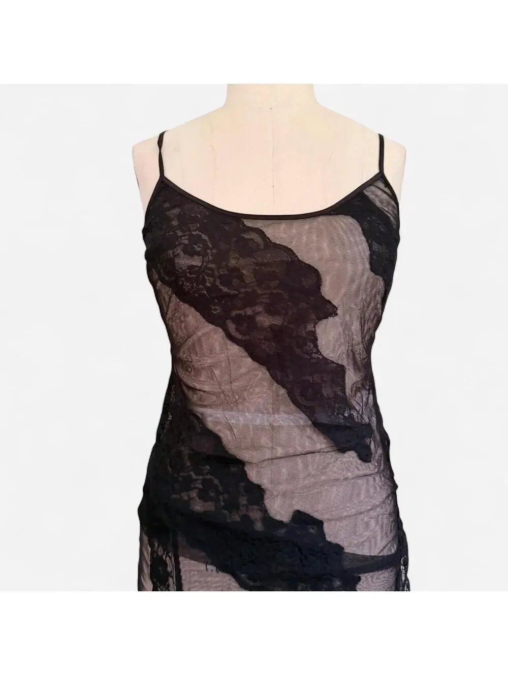 Frederick's of Hollywood Y2K Sheer Black Mesh Lace Slip Dress in Black